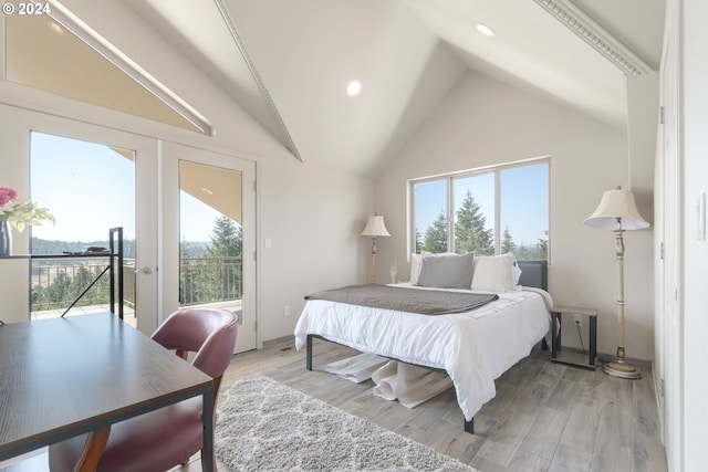 bedroom featuring lofted ceiling, multiple windows, and wood-type flooring