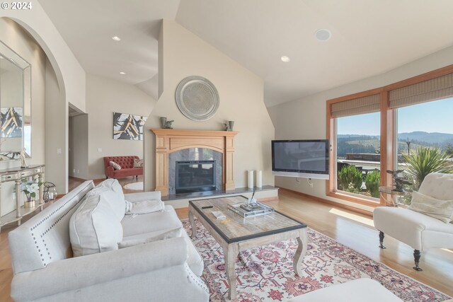 living room with vaulted ceiling, a premium fireplace, and light hardwood / wood-style floors