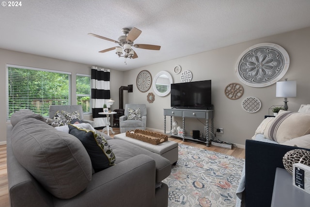 living room featuring wood-type flooring, ceiling fan, and a textured ceiling