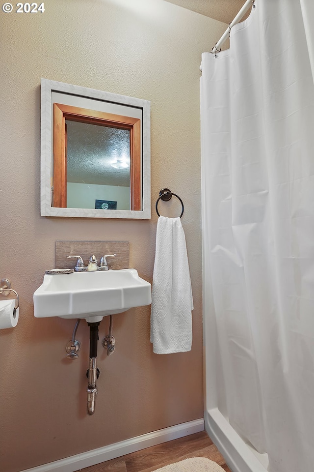 bathroom with walk in shower, sink, and hardwood / wood-style floors