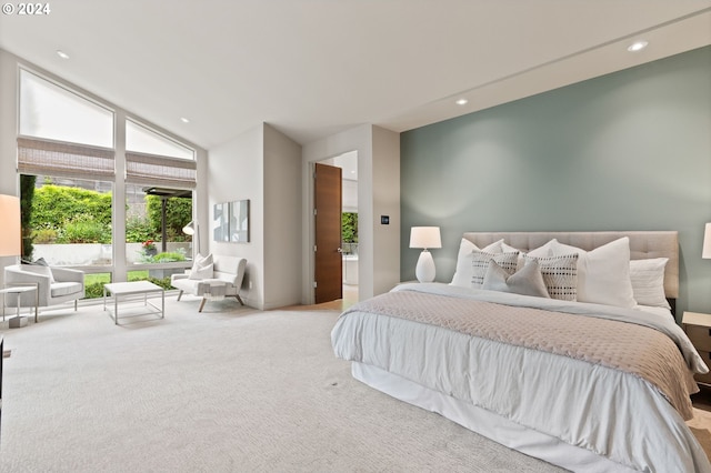 carpeted bedroom featuring recessed lighting and high vaulted ceiling