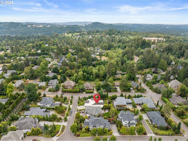 aerial perspective of suburban area with a heavily wooded area and a mountain backdrop
