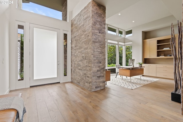 foyer featuring a towering ceiling, healthy amount of natural light, and light wood-type flooring