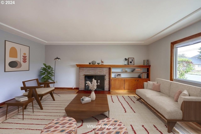 living room featuring a fireplace and light hardwood / wood-style floors