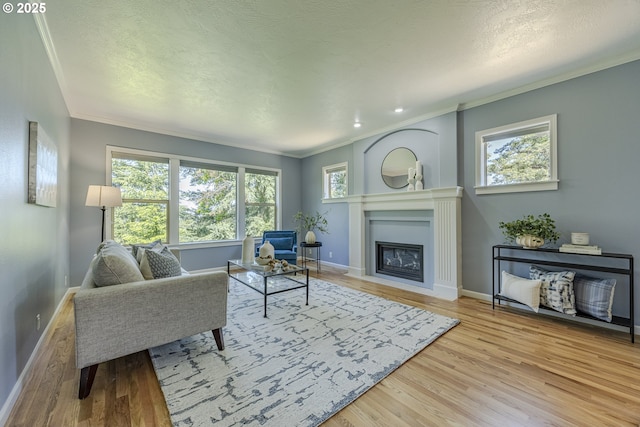 living area featuring a glass covered fireplace, baseboards, ornamental molding, and wood finished floors