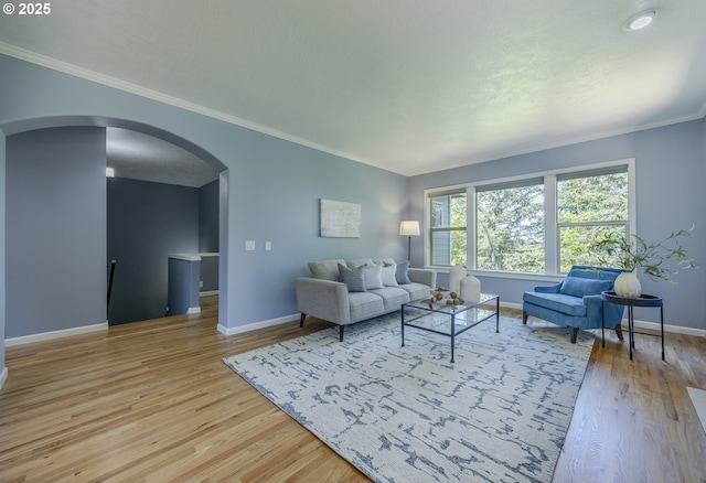 living room featuring light wood-style floors, baseboards, and arched walkways