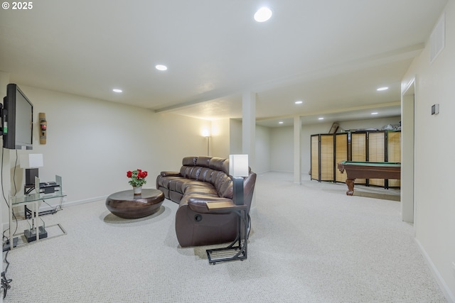 living area with carpet floors, recessed lighting, and pool table