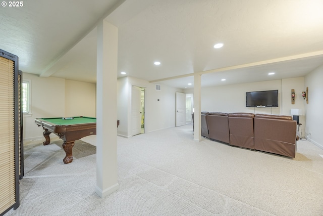 rec room featuring recessed lighting, visible vents, light carpet, and billiards