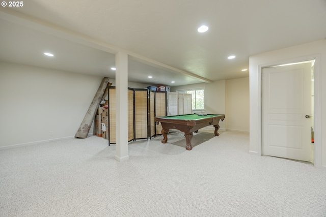game room with billiards, baseboards, recessed lighting, and carpet floors