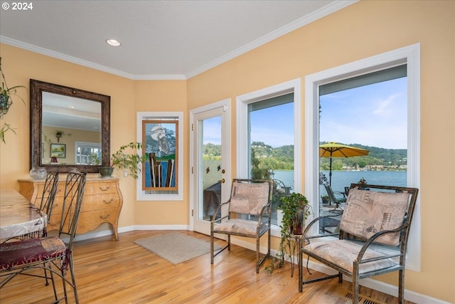 living area featuring a water view, light wood-type flooring, and ornamental molding