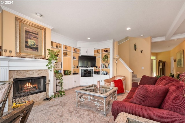 carpeted living room featuring ornamental molding and a premium fireplace