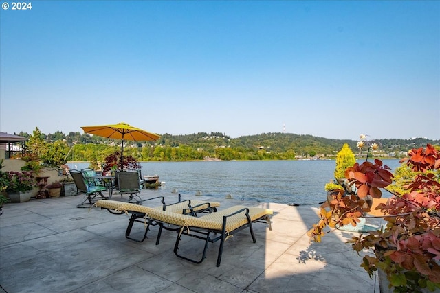 view of patio with a water view