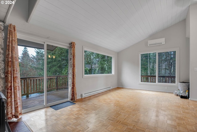 interior space featuring light parquet floors, vaulted ceiling, a baseboard heating unit, and a wall mounted AC