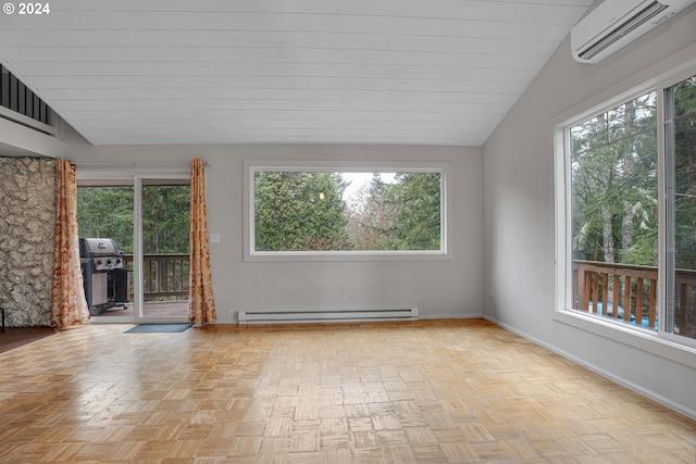 22715 SW Eagle Point Rd, Sheridan, OR 97378 - unfurnished sunroom featuring a wall mounted air conditioner, a baseboard radiator, and lofted ceiling