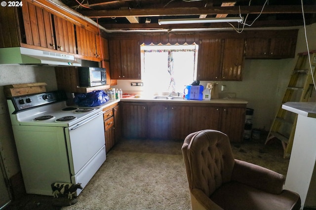 kitchen featuring light carpet, white range with electric stovetop, and sink