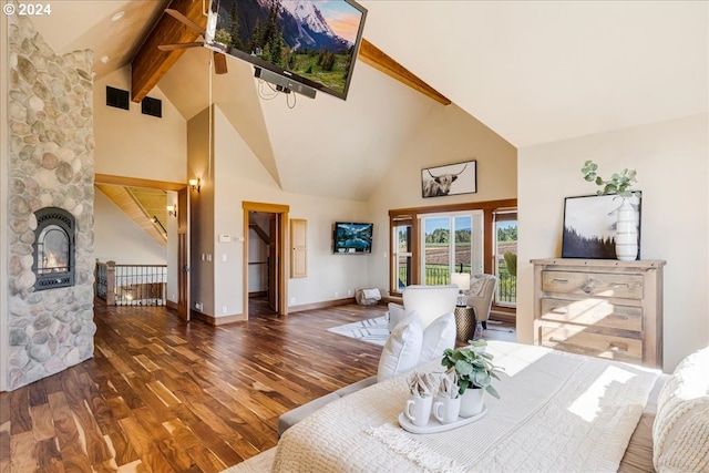 33138 SE Bluff Rd, Boring, OR 97009 - dining area with high vaulted ceiling, beam ceiling, wood finished floors, baseboards, and ceiling fan