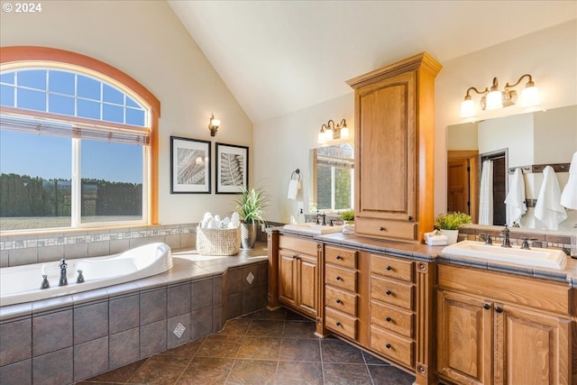 33138 SE Bluff Rd, Boring, OR 97009 - bathroom featuring double vanity, a garden tub, and high vaulted ceiling
