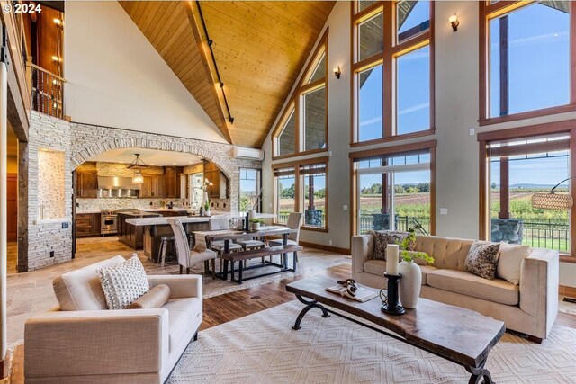 living room with light hardwood / wood-style flooring, high vaulted ceiling, and wooden ceiling