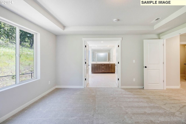 empty room with light carpet and a tray ceiling