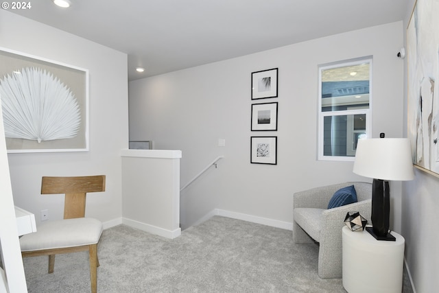 living area featuring light colored carpet