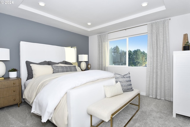 carpeted bedroom featuring a raised ceiling