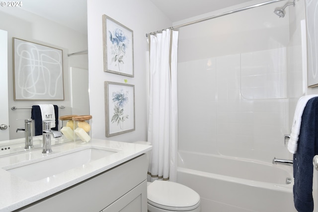 full bathroom with vanity, toilet, and shower / bathtub combination with curtain