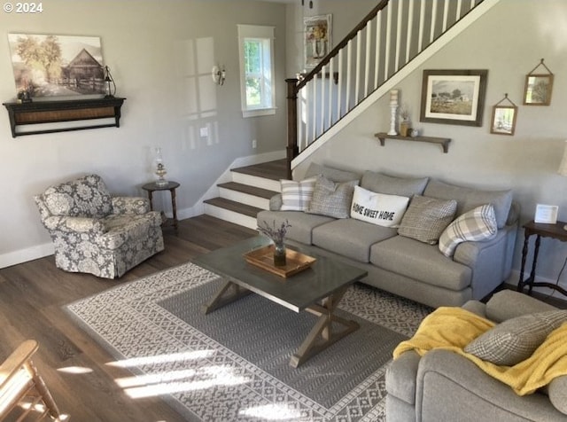 living room with dark hardwood / wood-style flooring