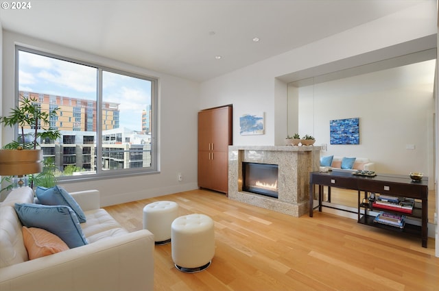 living room with wood-type flooring and a high end fireplace