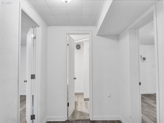 hallway featuring hardwood / wood-style flooring and ornamental molding