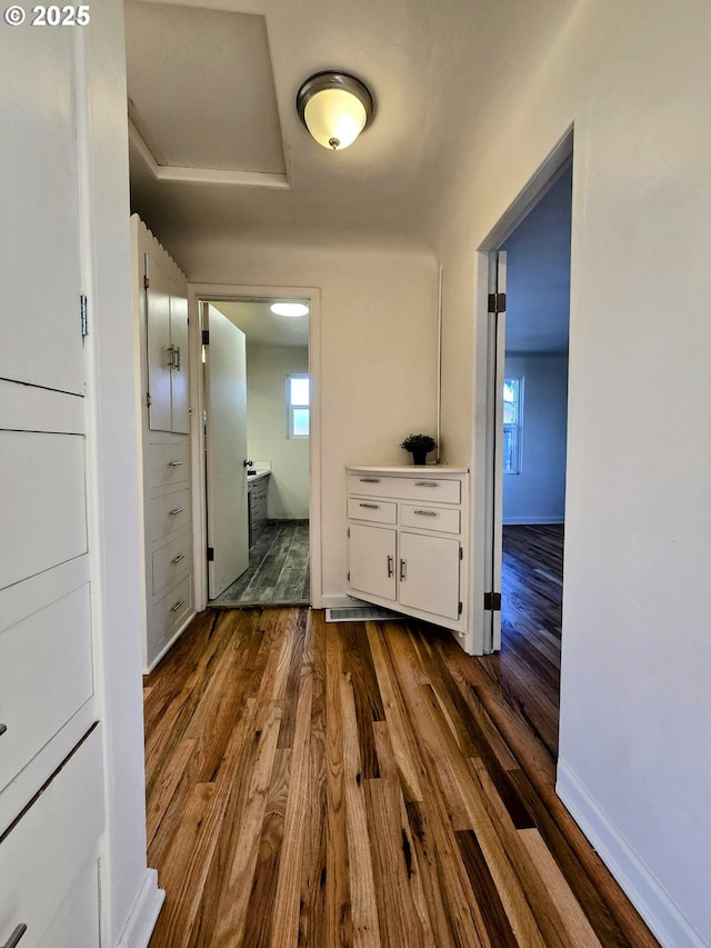 corridor featuring dark hardwood / wood-style floors