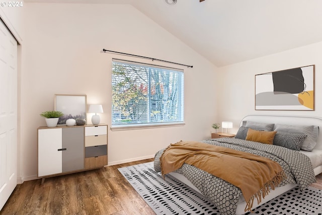 bedroom with high vaulted ceiling and dark hardwood / wood-style flooring