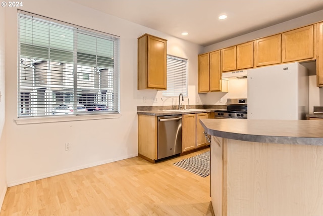 kitchen featuring stainless steel appliances, light hardwood / wood-style floors, light brown cabinetry, and sink