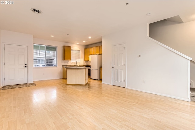 unfurnished living room with light wood-type flooring and sink