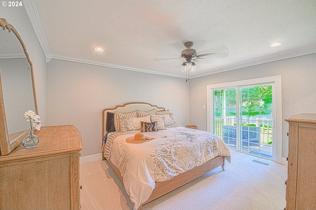 carpeted bedroom featuring crown molding, a textured ceiling, access to outside, and ceiling fan