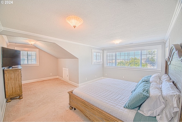 carpeted bedroom with crown molding, multiple windows, and a textured ceiling