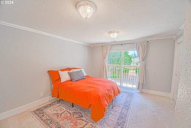 carpeted bedroom with ornamental molding, a textured ceiling, and access to outside