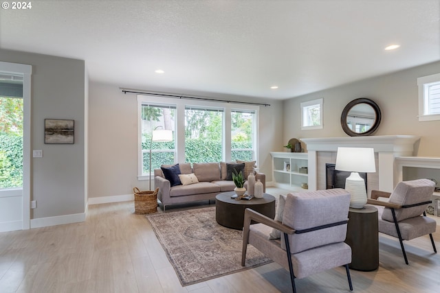 living room with light hardwood / wood-style flooring and a tiled fireplace