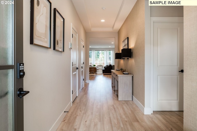 hallway featuring a raised ceiling and light hardwood / wood-style floors