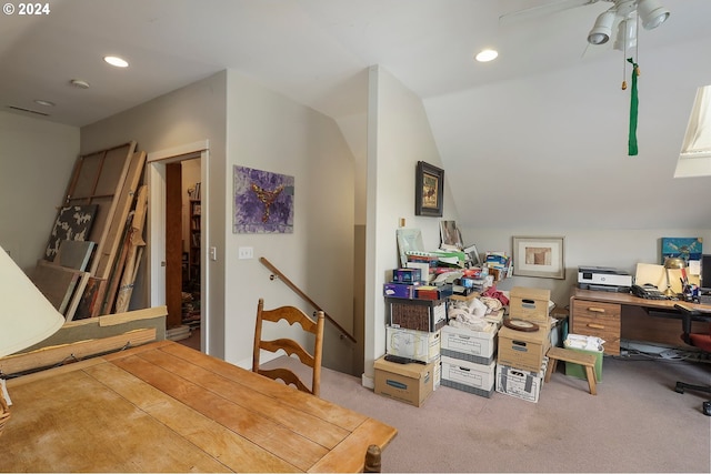 home office with lofted ceiling, carpet, and ceiling fan