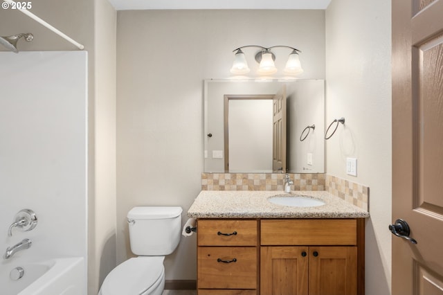 full bathroom with tasteful backsplash, vanity, shower / bathtub combination, and toilet