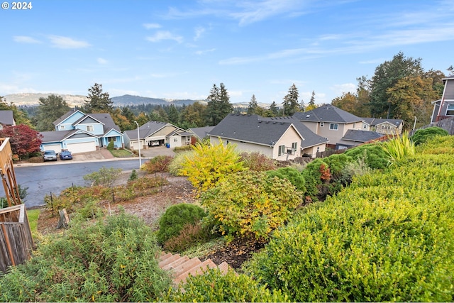 view of yard with a mountain view and a garage