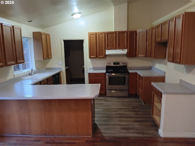 kitchen featuring kitchen peninsula, sink, dark hardwood / wood-style floors, stainless steel electric range oven, and lofted ceiling