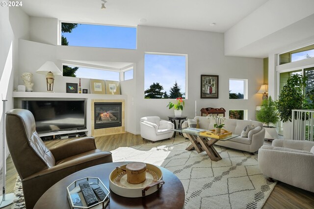 living room with wood finished floors and a tile fireplace