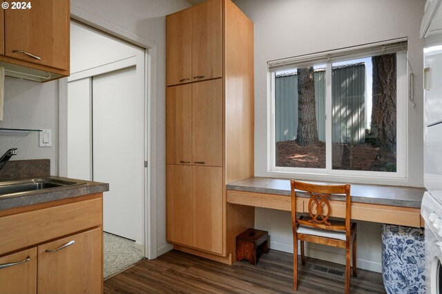 kitchen featuring built in desk, dark countertops, a sink, and dark wood finished floors