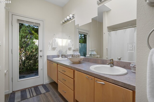 full bathroom featuring a shower with curtain, wood finished floors, a sink, and double vanity