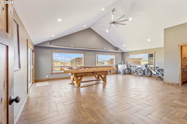 game room with ceiling fan, high vaulted ceiling, pool table, and light parquet flooring