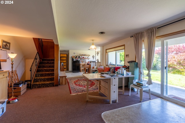 carpeted living room with a textured ceiling