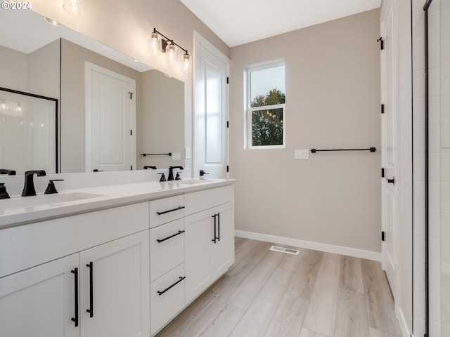 bathroom featuring wood-type flooring, vanity, and a shower with door