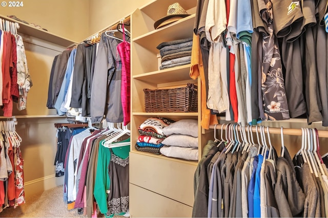 walk in closet with carpet floors