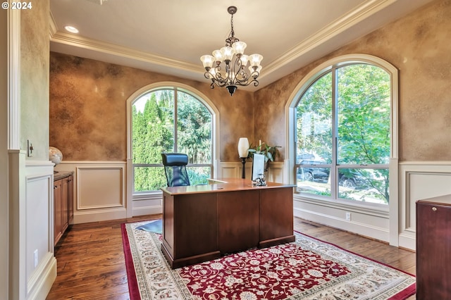 office featuring a notable chandelier, dark hardwood / wood-style floors, and plenty of natural light